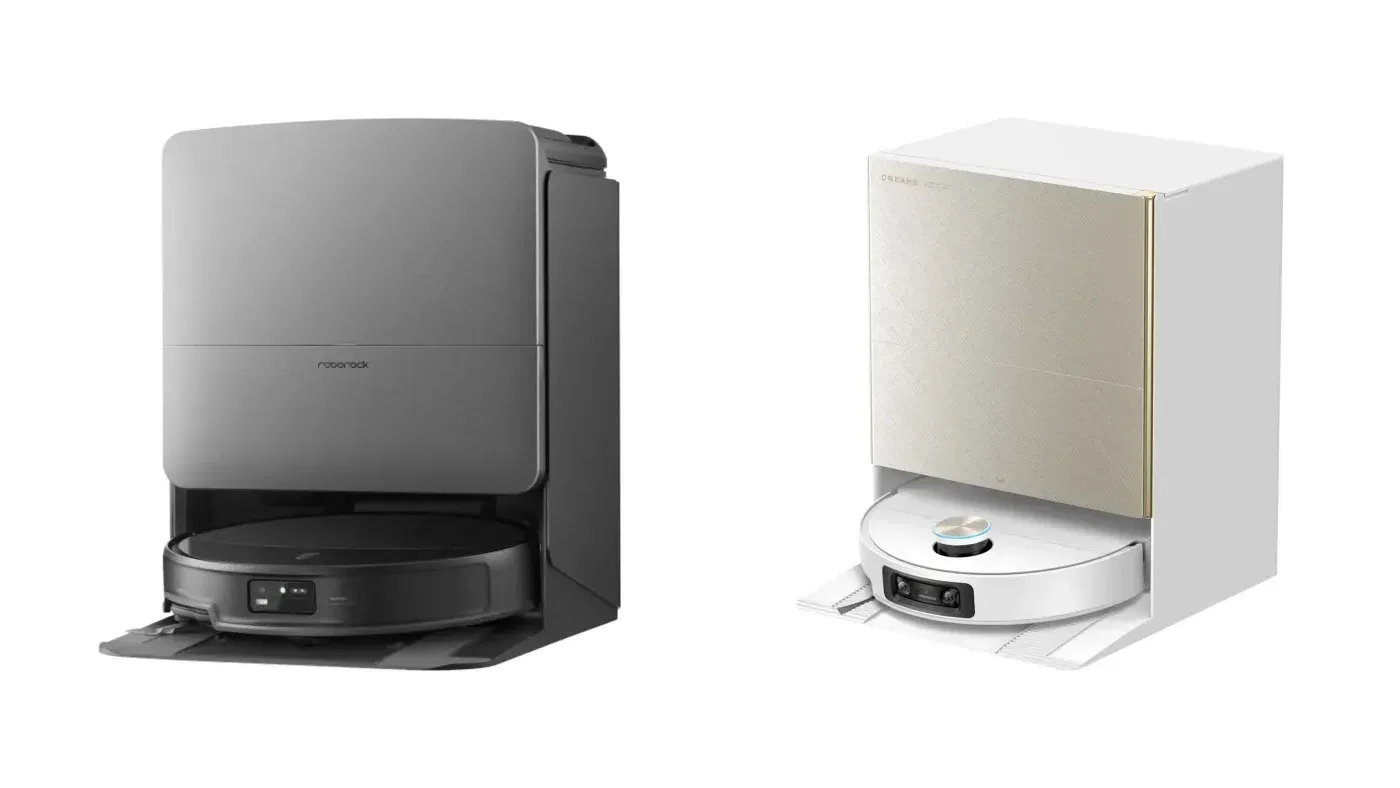 Roborock Saros 20 och Dreame X60 Ultra med sina stationer bredvid varandra