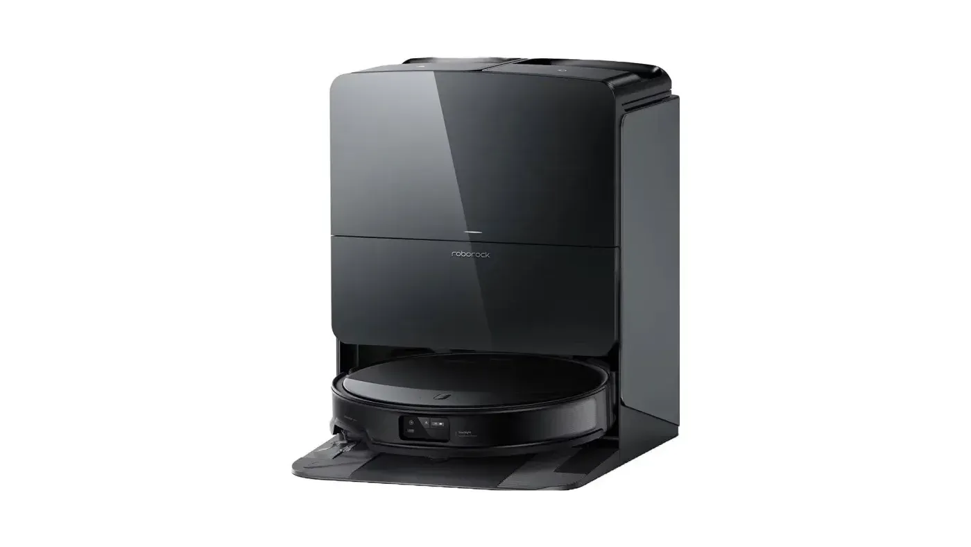 Roborock Saros 10R i sin station, produktbild mot vit bakgrund