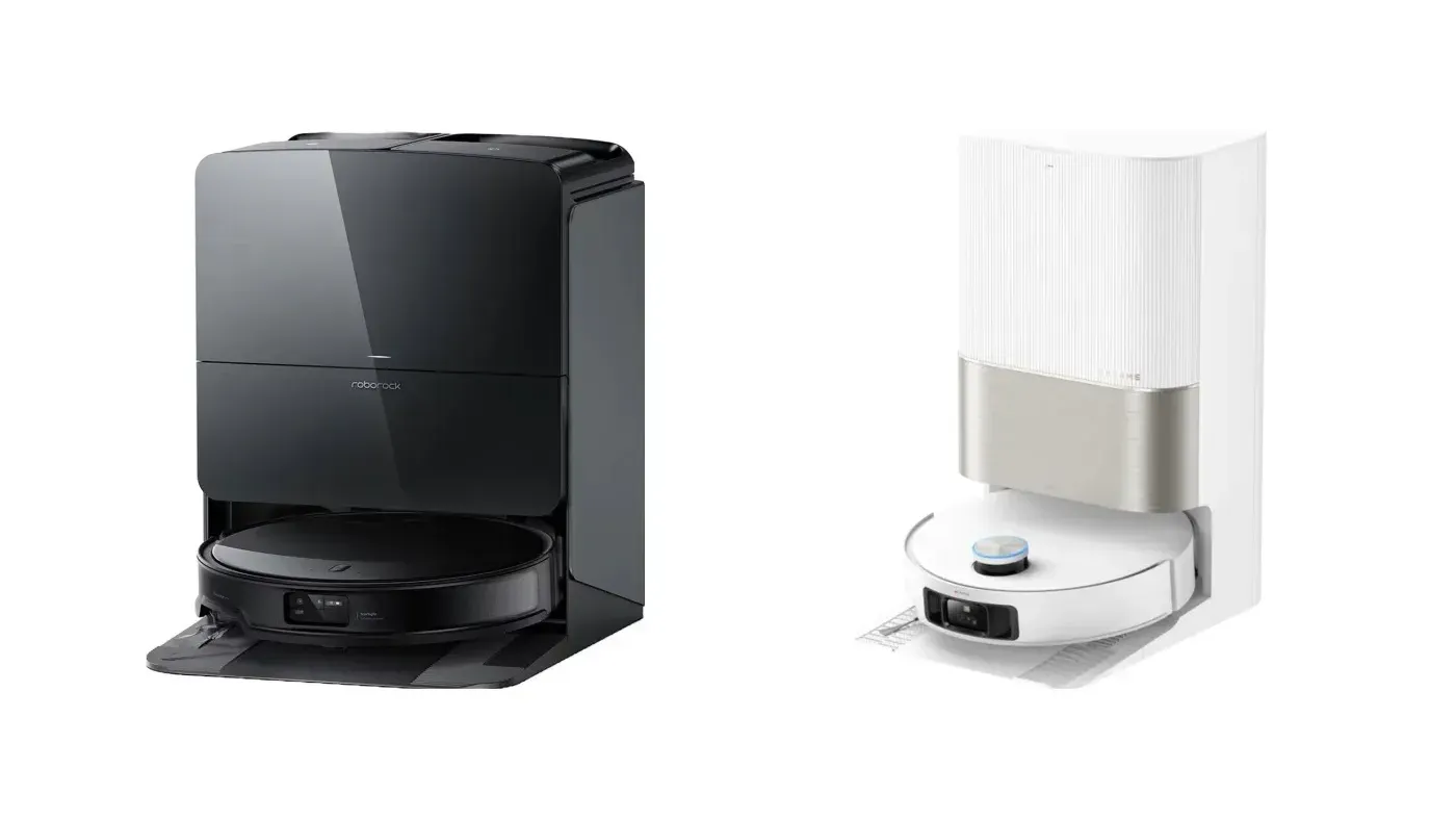 Roborock Saros 10R och Dreame X50 Ultra med sina stationer sida vid sida, produktbilder