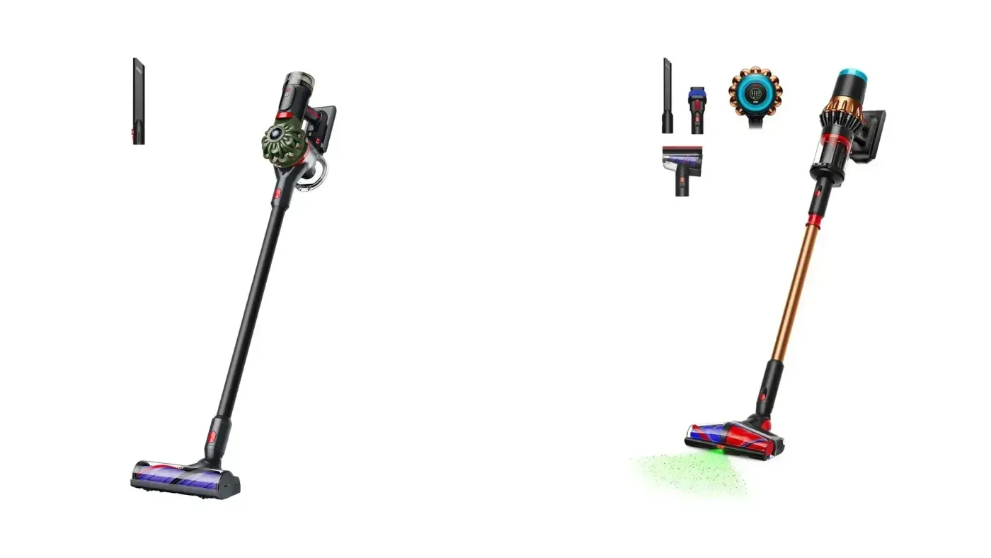 Dyson V8 Cyclone och Dyson V16 Piston Animal, produktbilder mot vit bakgrund